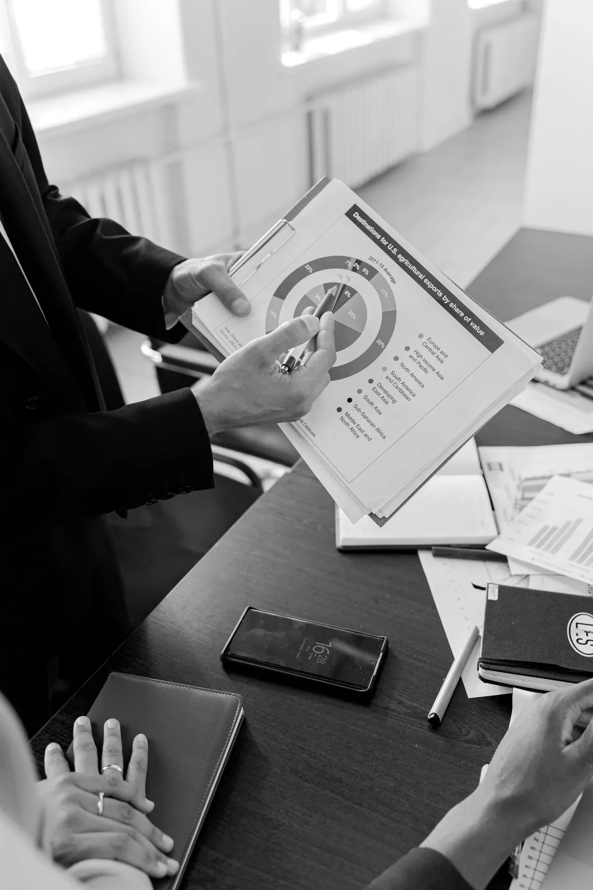 Hands pointing at a chart in a printed report