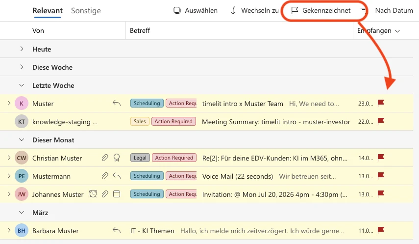 Outlook inbox filtered by Flagged, showing only emails that still need action, each labeled with timelit categories