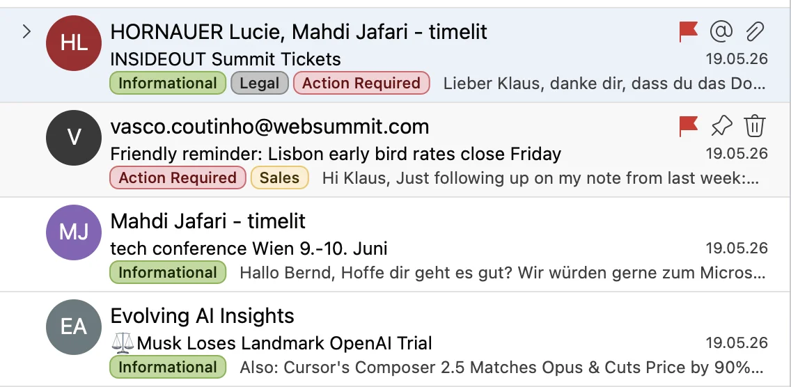 Color-coded Outlook categories applied by timelit, showing Action Required and topic labels in the inbox
