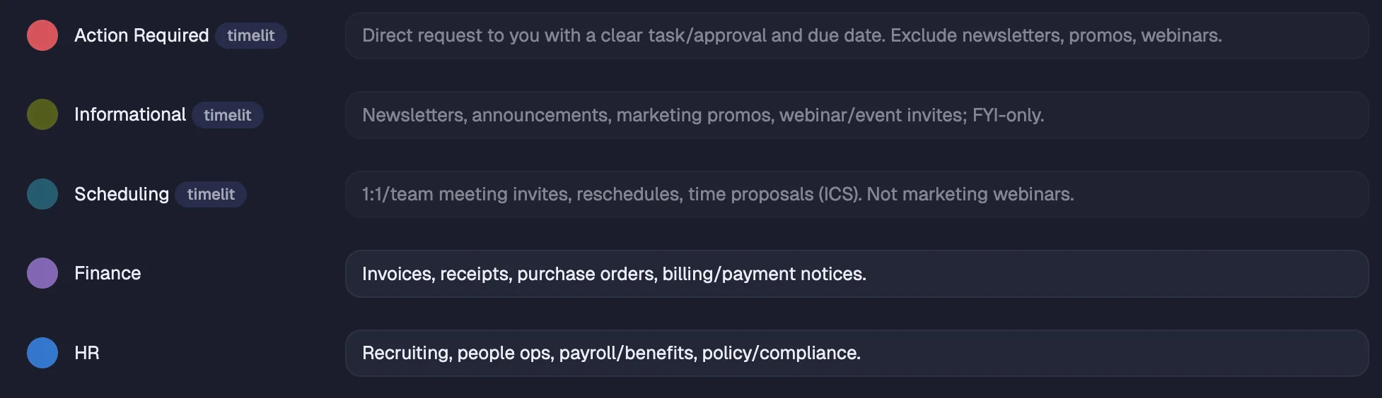 timelit category settings for customizing names, colors, and descriptions of each topic category