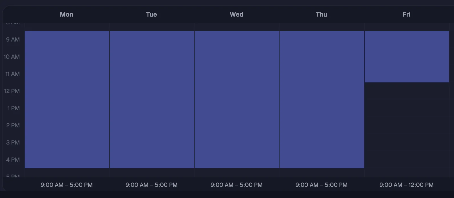 Working hours availability grid in timelit for setting free slots per weekday for meeting scheduling