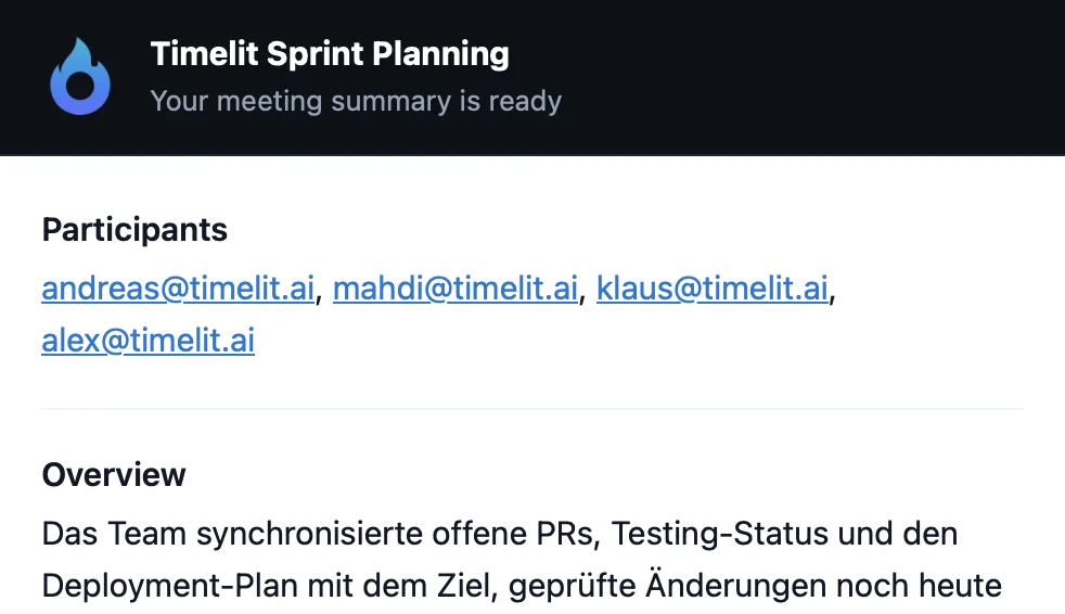 Meeting summary email from timelit with overview, decisions, action items, and next steps delivered right after the call