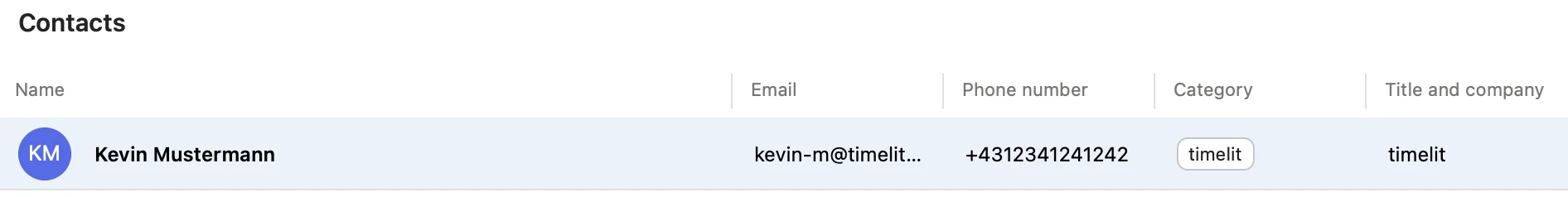 Outlook contacts enriched by timelit with name, company, phone, and website filled in automatically from email signatures